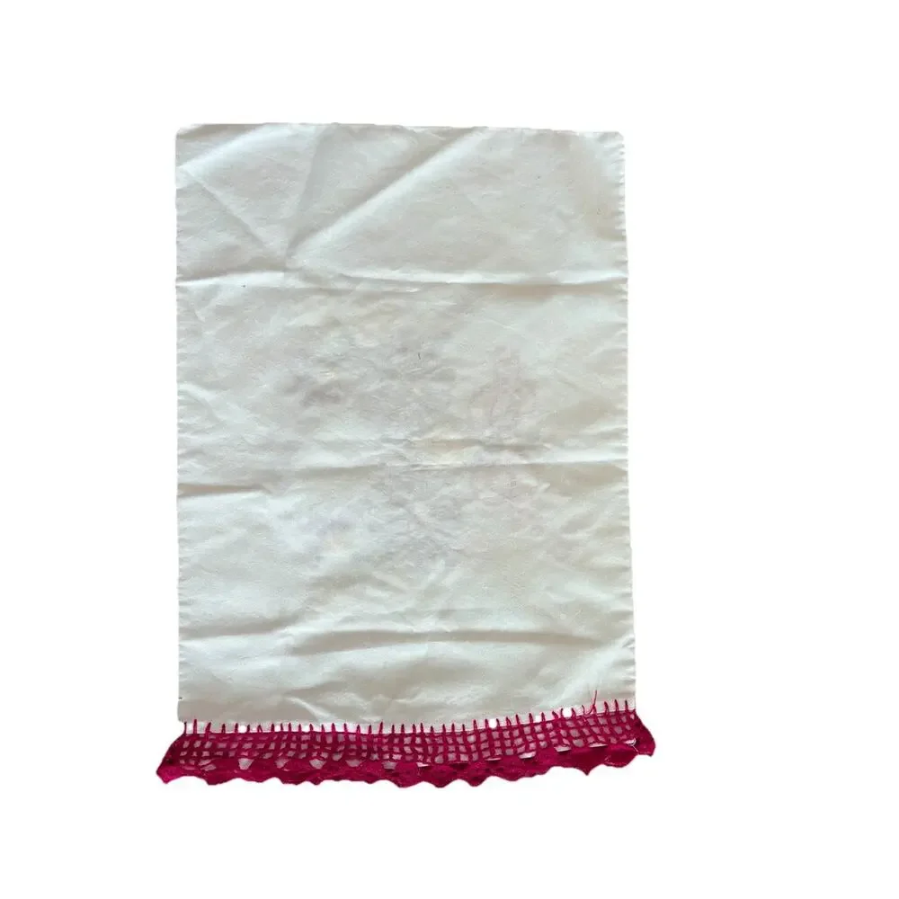 Vintage Handmade Ribbon Embroidered Pillowcase Crochet Edge Floral Standard